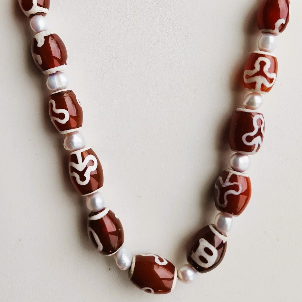 One of Kind Necklace Etched Carnelian and Genuine Pearls